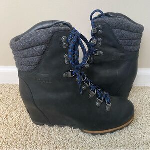 Sorel Conquest Wedge Ankle Boots black Leather Lace Up 9 PDX